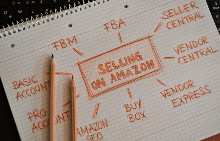 Notebook with handwritten Amazon selling strategy, showcasing business terms and concepts.