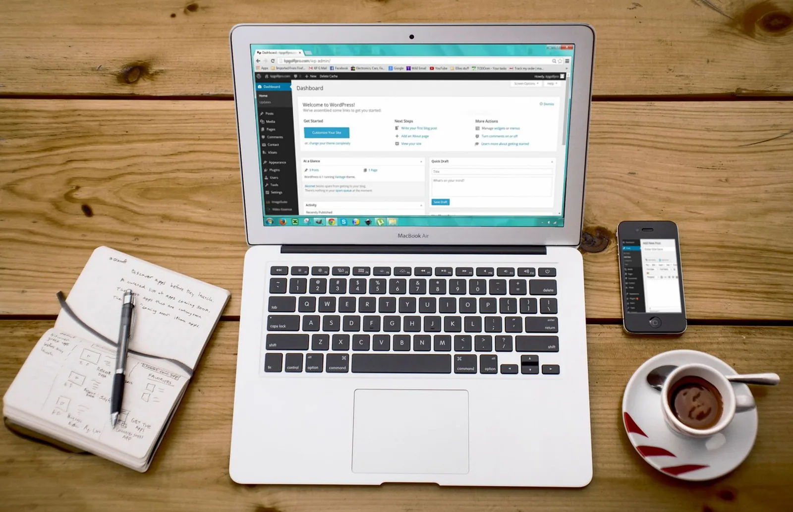 Cozy home office with laptop, notebook, smartphone and coffee where keyword research becomes a published post
